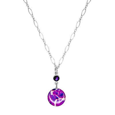 close up of circle necklace with pancreatic cancer cell image in resin pendant under a round faceted purple amethyst on adjustable Sterling silver oval chain 