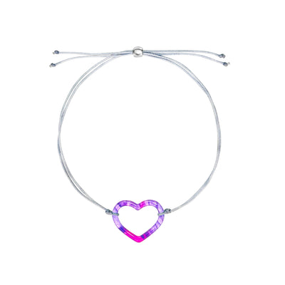 heart bracelet for lung cancer awareness with adjustable gray cord, Sterling silver slide bead and cell image in resin heart shaped pendant