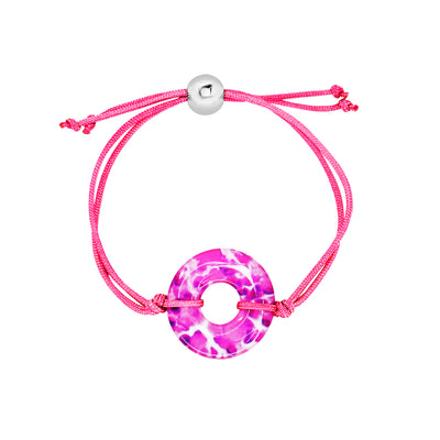 pink string bracelet for multiple myeloma with large round life saver cell image in resin pendant and Sterling silver slide bead to adjust cord