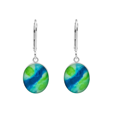 Diabetes awareness earrings in sterling silver with green and blue oval hanging pendant. 